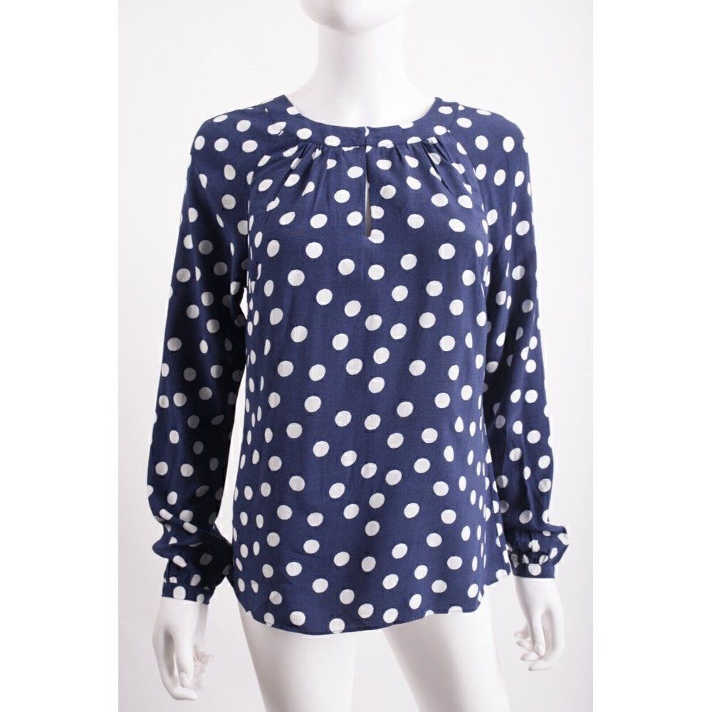 Boden Womens Eadie Blouse Shirt UK 6 US 2 Navy White Polka Dot Long Sleeve NWT